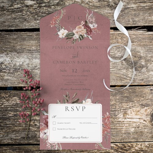 Dusty Rose Vintage Floral Wreath No Dinner All In One Invitation