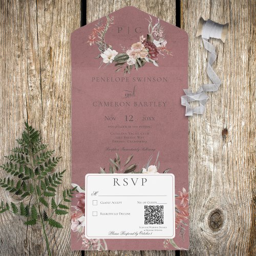Dusty Rose Vintage Floral Wreath QR Code All In One Invitation