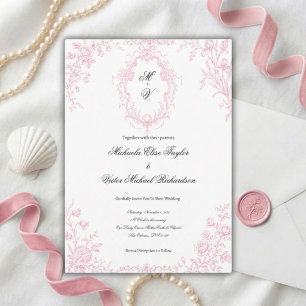 Dusty Rose Vintage Toile de Jouy Floral Wedding Invitation