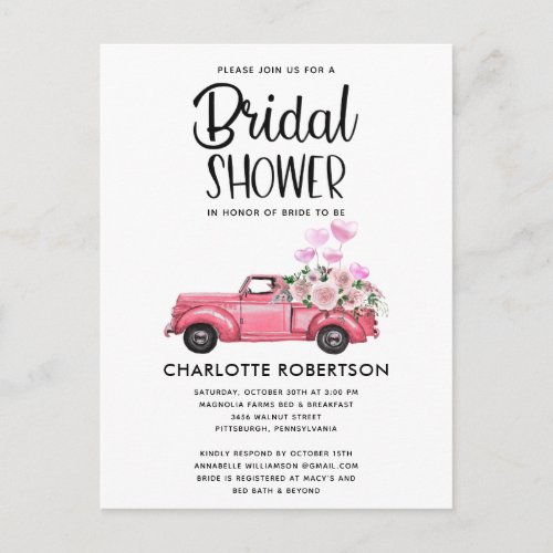 Dusty Rose Vintage Truck Bridal Shower Invitation Postcard