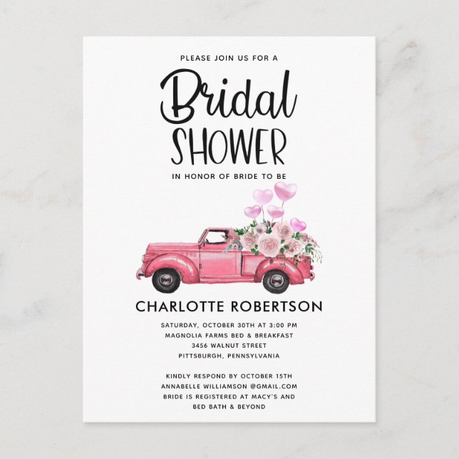 Dusty Rose Vintage Truck Bridal Shower Invitation Postcard (Front)