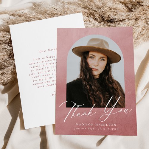 Dusty Rose Watercolor Arch Photo Graduation Thank You Card