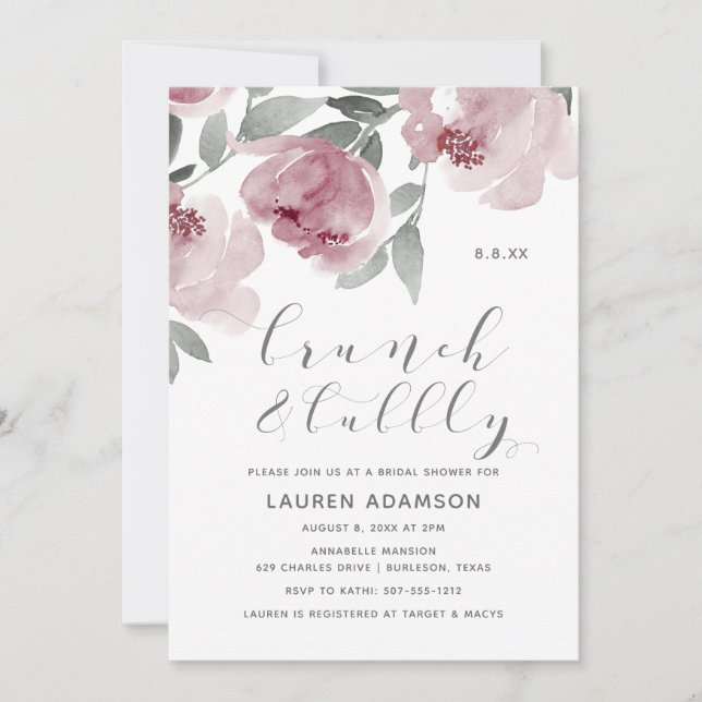 Dusty Rose Watercolor Bridal Brunch Bubbly Shower Invitation (Front)