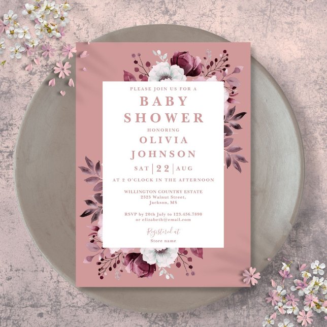 Dusty Rose Watercolor Country Floral Baby Shower Invitation (Dusty Rose Watercolor Country Floral Baby Shower Invitation)