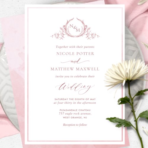 Dusty Rose Watercolor Elegant Monogram Wedding Invitation
