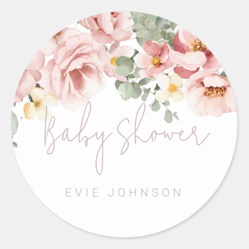 Dusty Rose Watercolor Floral Baby Shower Classic Round Sticker