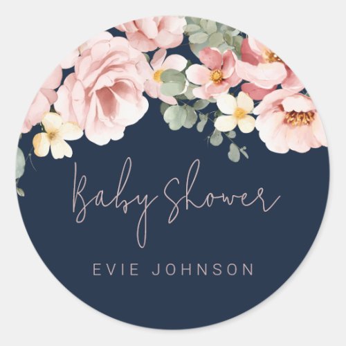 Dusty Rose Watercolor Floral Baby Shower Navy Classic Round Sticker