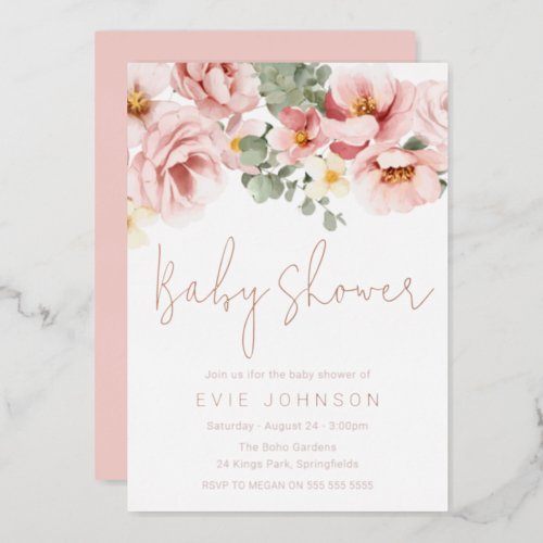 Dusty Rose Watercolor Floral Baby Shower Rose Gold Foil Invitation