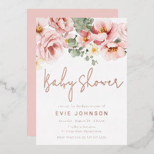 Dusty Rose Watercolor Floral Baby Shower Rose Gold Foil Invitation