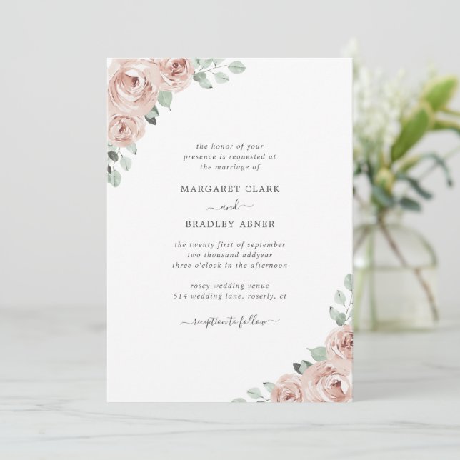 Dusty Rose Watercolor Floral Elegant Wedding Invitation (Standing Front)