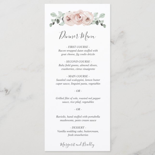 Dusty Rose Watercolor Floral Elegant Wedding Menu (Front)