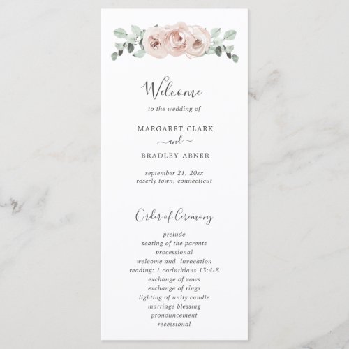 Dusty Rose Watercolor Floral Elegant Wedding Program