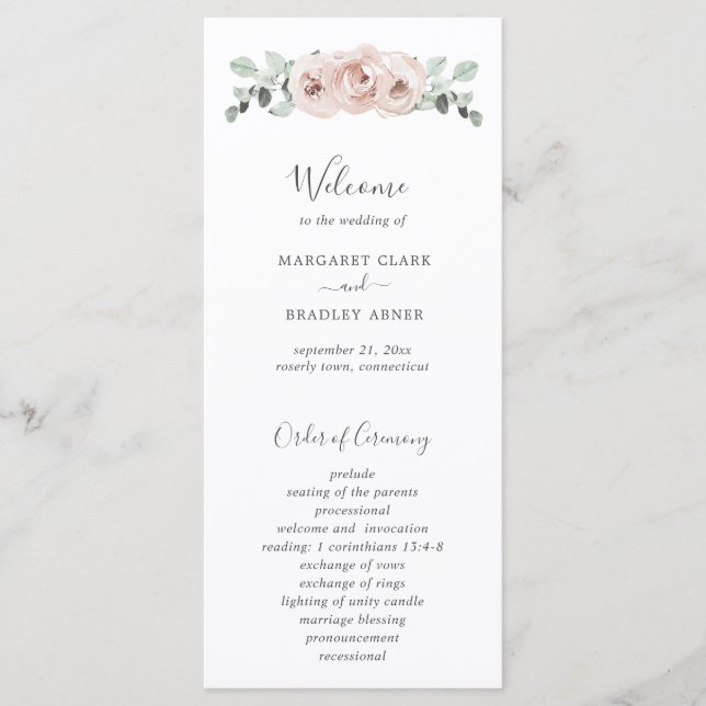 Dusty Rose Watercolor Floral Elegant Wedding Program (Front)