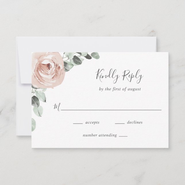 Dusty Rose Watercolor Floral Elegant Wedding RSVP Card (Front)