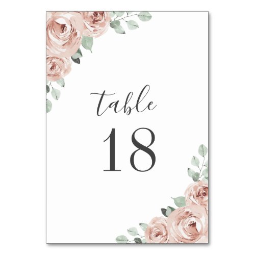 Dusty Rose Watercolor Floral Elegant Wedding Table Number
