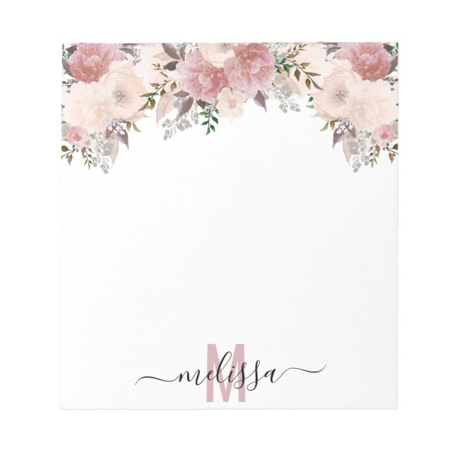 Dusty Rose Watercolor Floral flower Monogram   Notepad (Front)