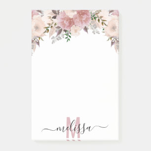 Dusty Rose Watercolor Floral flower Monogram Post-it Notes