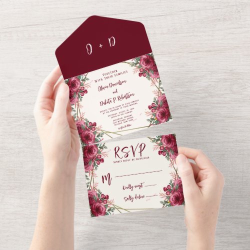 Dusty Rose Watercolor Floral Geometric Wedding All All In One Invitation