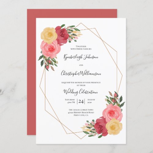 Dusty Rose Watercolor Floral Geometric Wedding Invitation