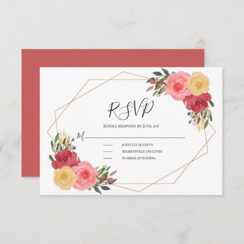 Dusty Rose Watercolor Floral Geometric Wedding  RSVP Card