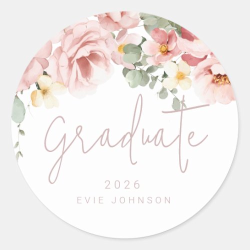 Dusty Rose Watercolor Floral Graduation Graduate Classic Round Sticker