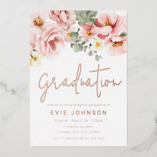 Dusty Rose Watercolor Floral Graduation Rose Gold Foil Invitation