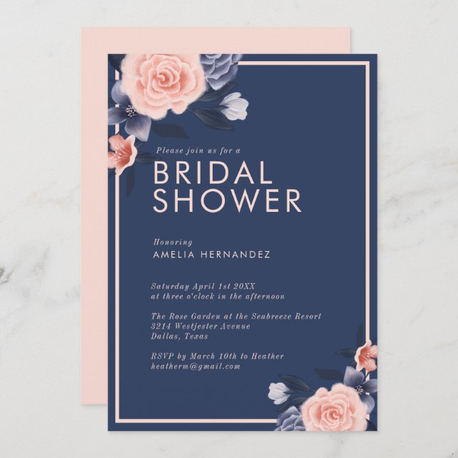 Dusty Rose Watercolor Floral Modern Bridal Shower Invitation (Front/Back)