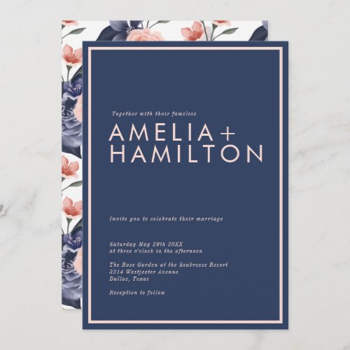 Dusty Rose Watercolor Floral Modern Navy Wedding Invitation