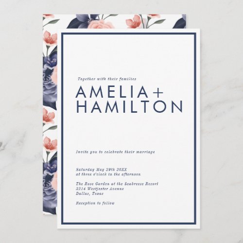 Dusty Rose Watercolor Floral Modern White Wedding Invitation