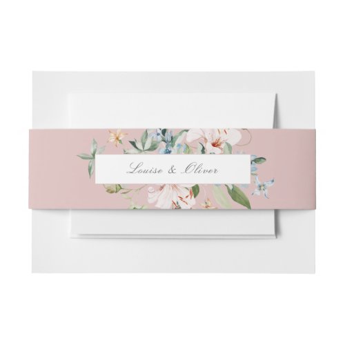 Dusty Rose Watercolor Floral Name Wedding Invitation Belly Band