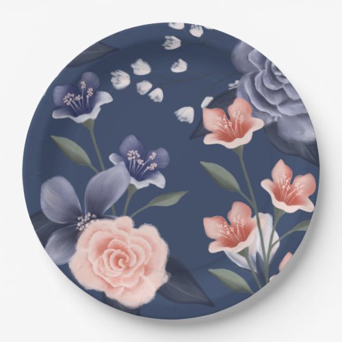 Dusty Rose Watercolor Floral Pattern Navy Wedding Paper Plates
