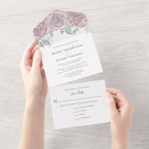 Dusty Rose Watercolor Floral RSVP Meal Choice All In One Invitation
