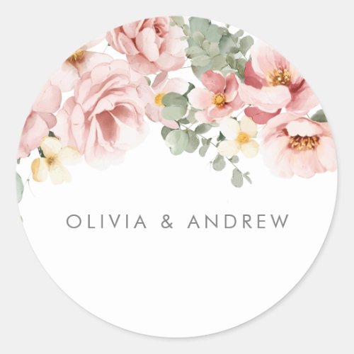 Dusty Rose Watercolor Floral Wedding Classic Round Sticker