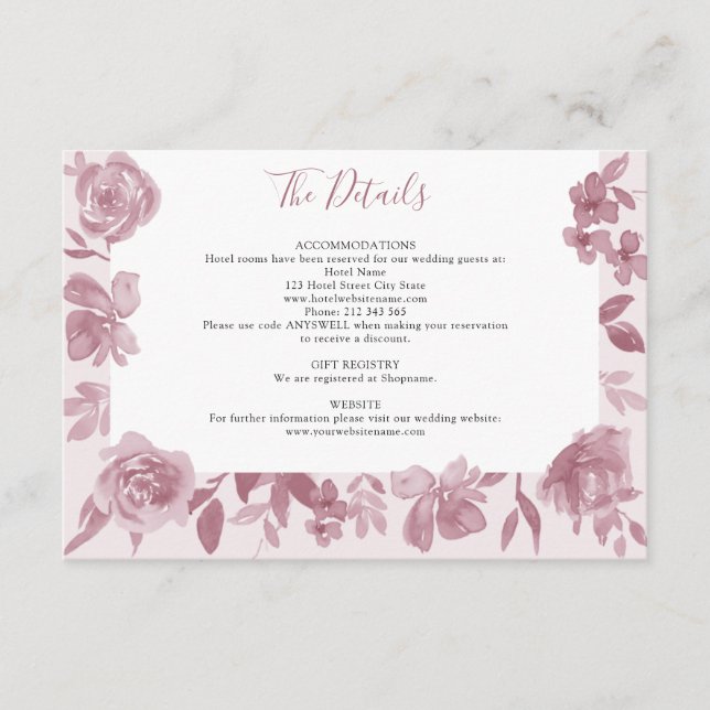 Dusty Rose Watercolor Floral Wedding Details Enclosure Card (Front)