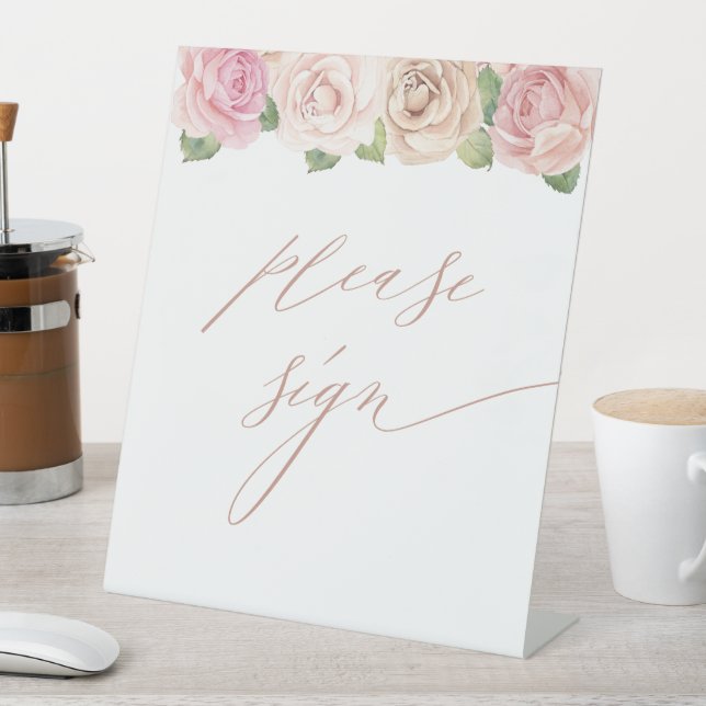 Dusty Rose Watercolor Floral Wedding Guestbook Pedestal Sign (In SItu)