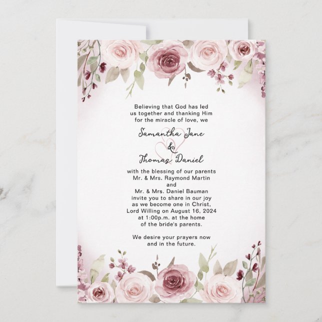 Dusty Rose Watercolor Floral Wedding Invitation (Front)