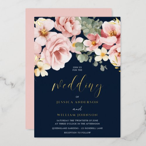 Dusty Rose Watercolor Floral Wedding Navy  Gold Foil Invitation