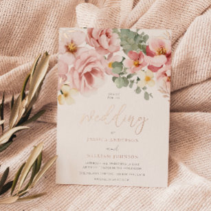Dusty Rose Watercolor Floral Wedding Rose Gold Foil Invitation