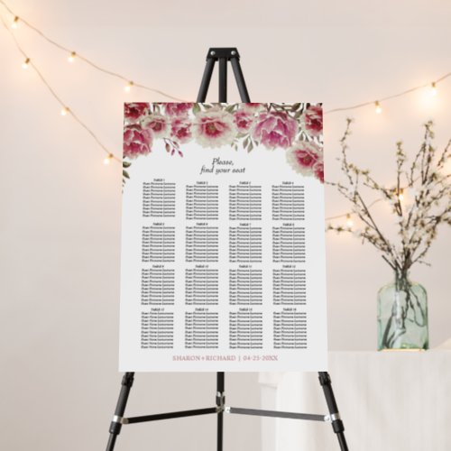 Dusty rose watercolor floral wedding seating chart foam board