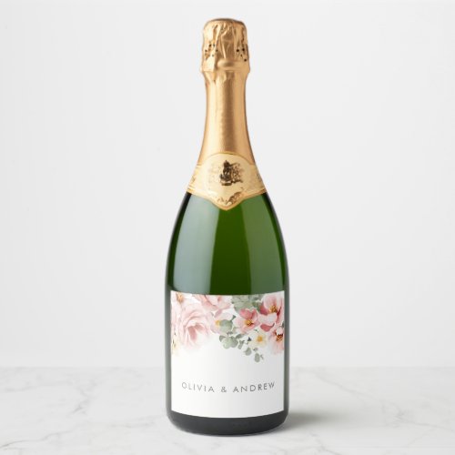 Dusty Rose Watercolor Floral Wedding Sparkling Wine Label
