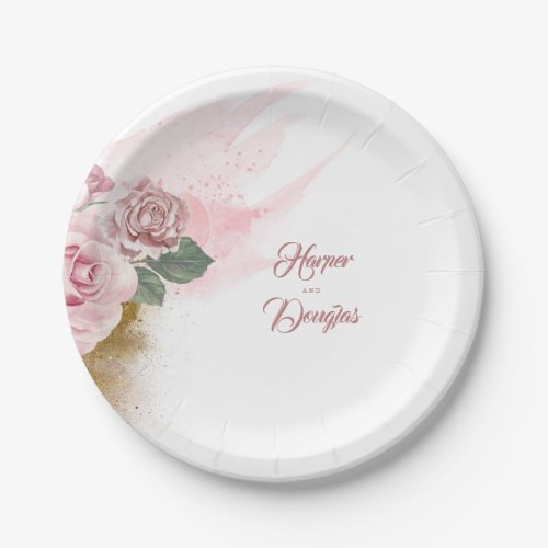 Dusty Rose Watercolor Flowers and Gold Glitter Paper Plates