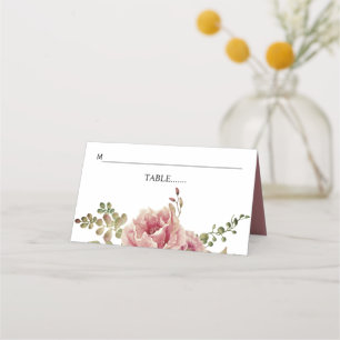 Dusty rose watercolor flowers and leaves wedding place card