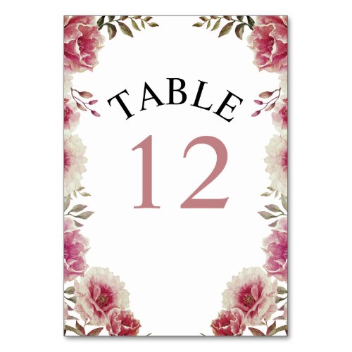 Dusty rose watercolor flowers and leaves wedding table number