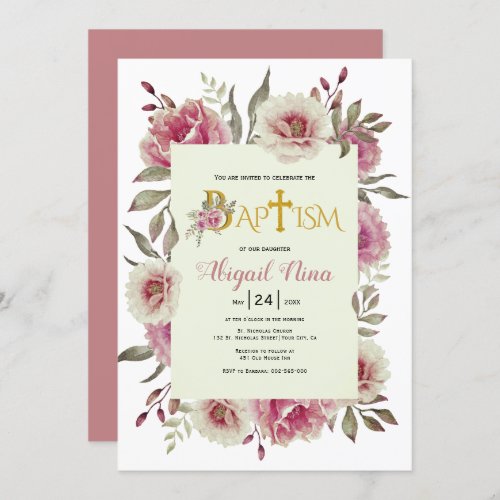 Dusty rose watercolor flowers girl floral baptism  invitation