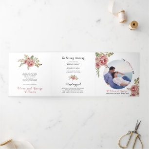 Dusty rose watercolor flowers green leaves, photo Tri-Fold program