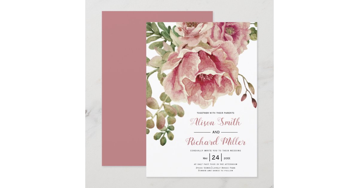 Dusty rose watercolor flowers, typography wedding invitation | Zazzle