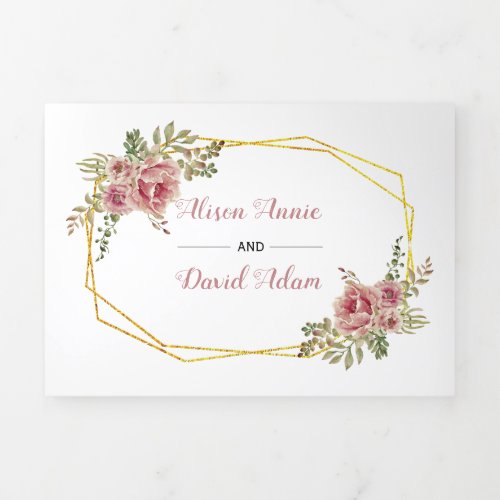 Dusty rose watercolor flowers typography wedding Tri_Fold invitation