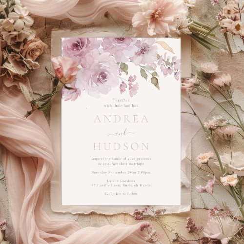 Dusty Rose Watercolor Flowers Wedding Invitation