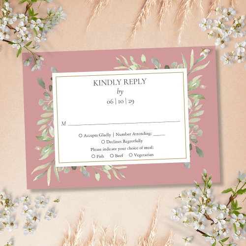 Dusty Rose  Watercolor Greenery Gold Wedding RSVP Card