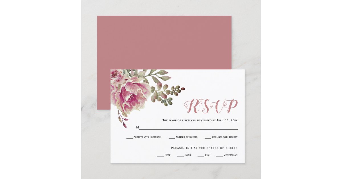Dusty rose watercolor typography wedding RSVP card | Zazzle